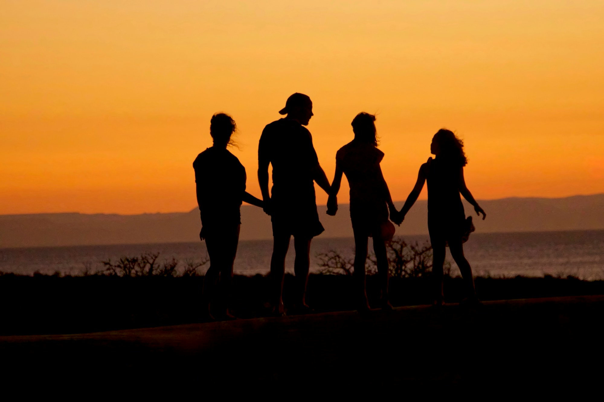 silhouette of people standing beside shore during sunset